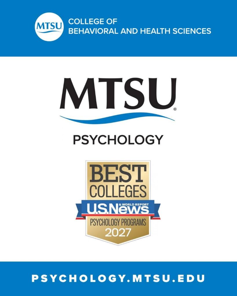 MTSU College of Behavioral and Health Sciences branding with large “MTSU” and “PSYCHOLOGY,” a “Best Colleges” U.S. News 2027 badge for psychology programs, and the website “PSYCHOLOGY.MTSU.EDU” on a blue-and-white background.
